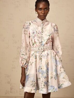 Miss Rosier Fabienne Floral Button-Front Blush Pink Mini Dress-missing belt